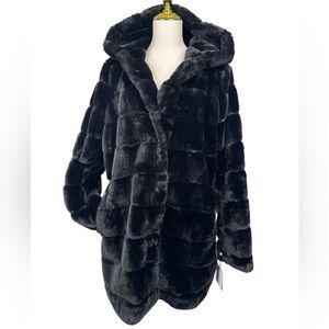 NWT Laundry by Shelli Segal Black Faux Fur Hooded Mid Length Coat Size Large